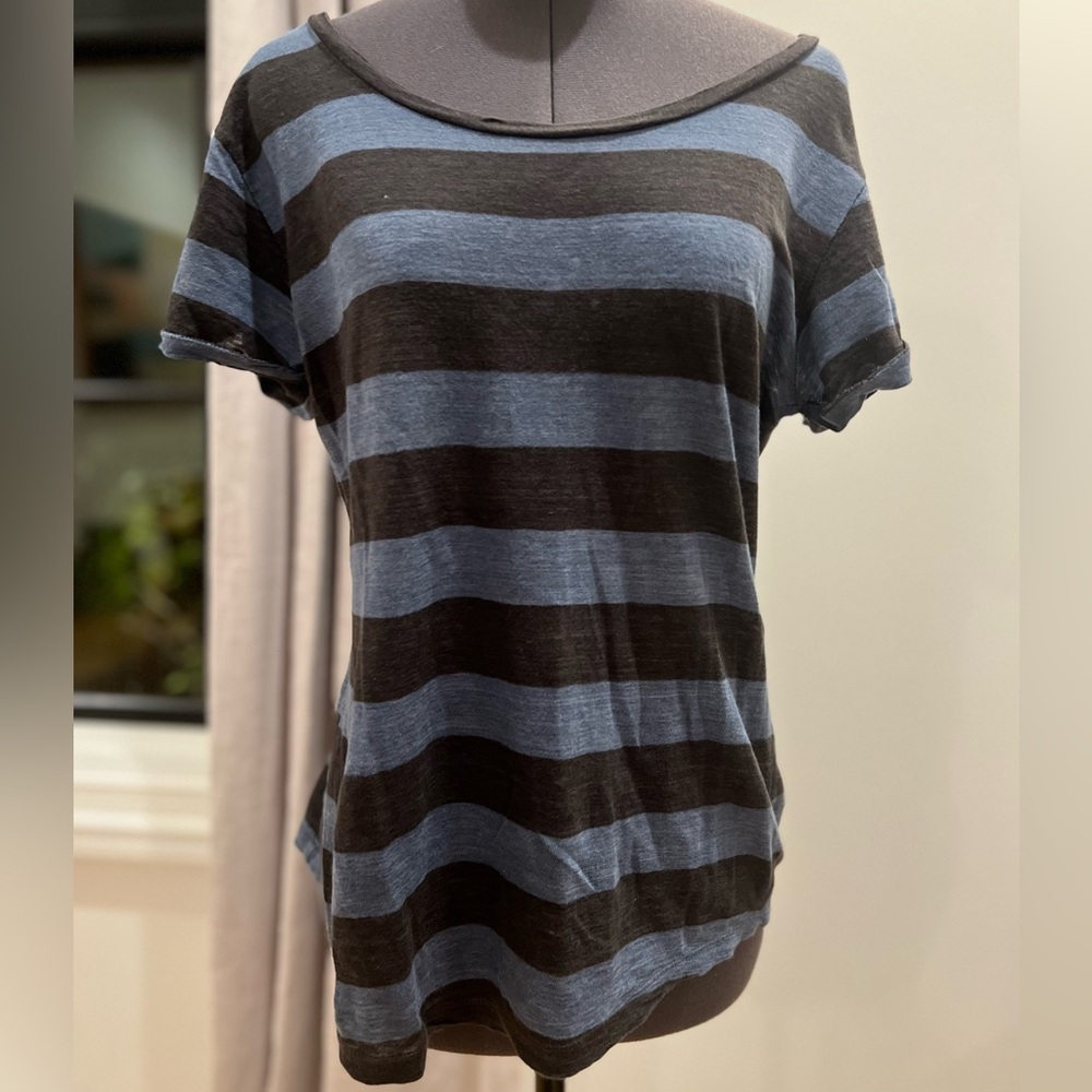 Hi-Line for Madewell Blue & Black Stripe 100% Linen Tee Roll Cuff with Strap XS